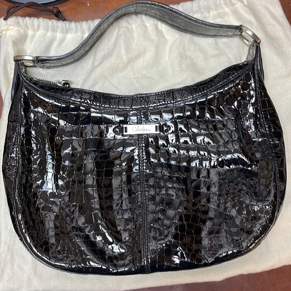 Women’s Cole Haan Black Croc Print Patent Leather Hobo Bag